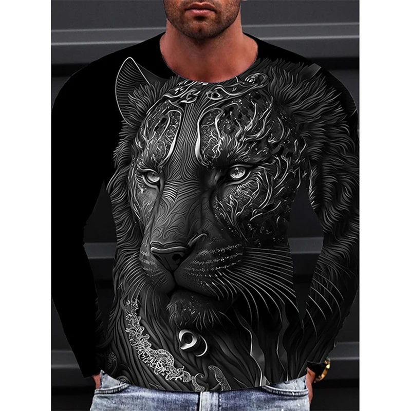 2023 New Men Long Sleeve Crewneck Print Fierce Animal Pattern Y2K Fashion Men\'s Shirt Long Sleeve Street Retro Style Men\'s Wear