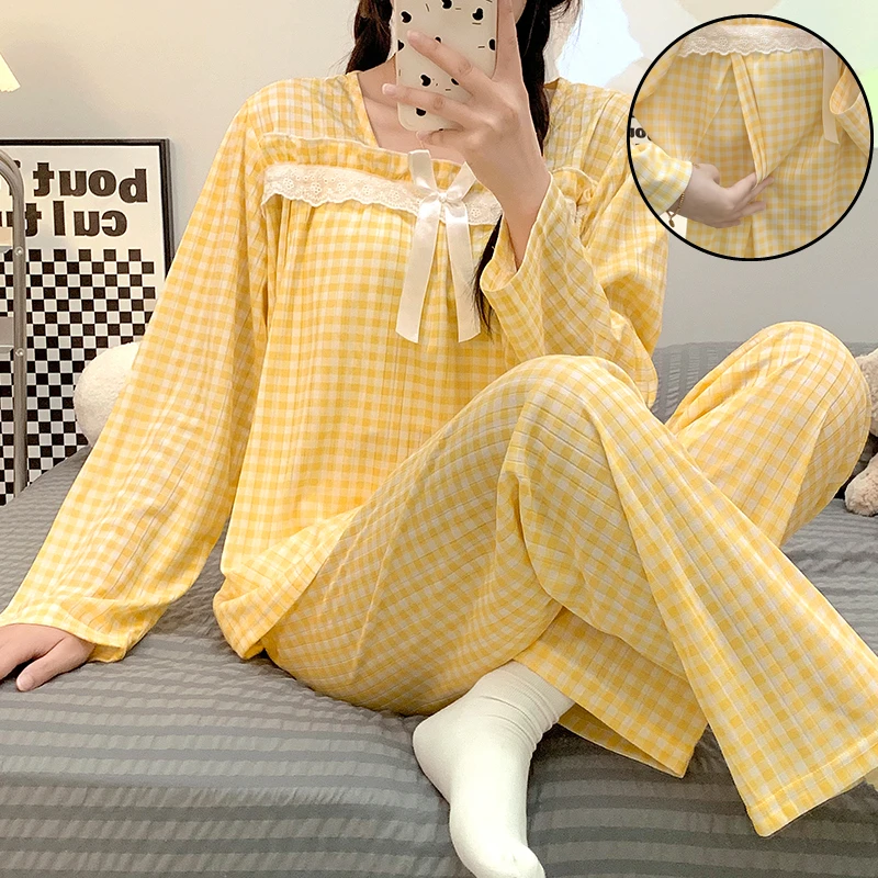 

2024 Autumn Postpartum Woman Pajamas Set Sweet Lace Bowknow Square Collar Nursing Shirts Long Pants 2pcs Set Breastfeeding Suits