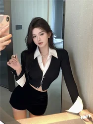 Black Fake Two Piece Slim Fit Long Sleeve Shirts for Women+ Y2k E-Girl High Waist Bodycon Skirts 2024 Autumn   Sets