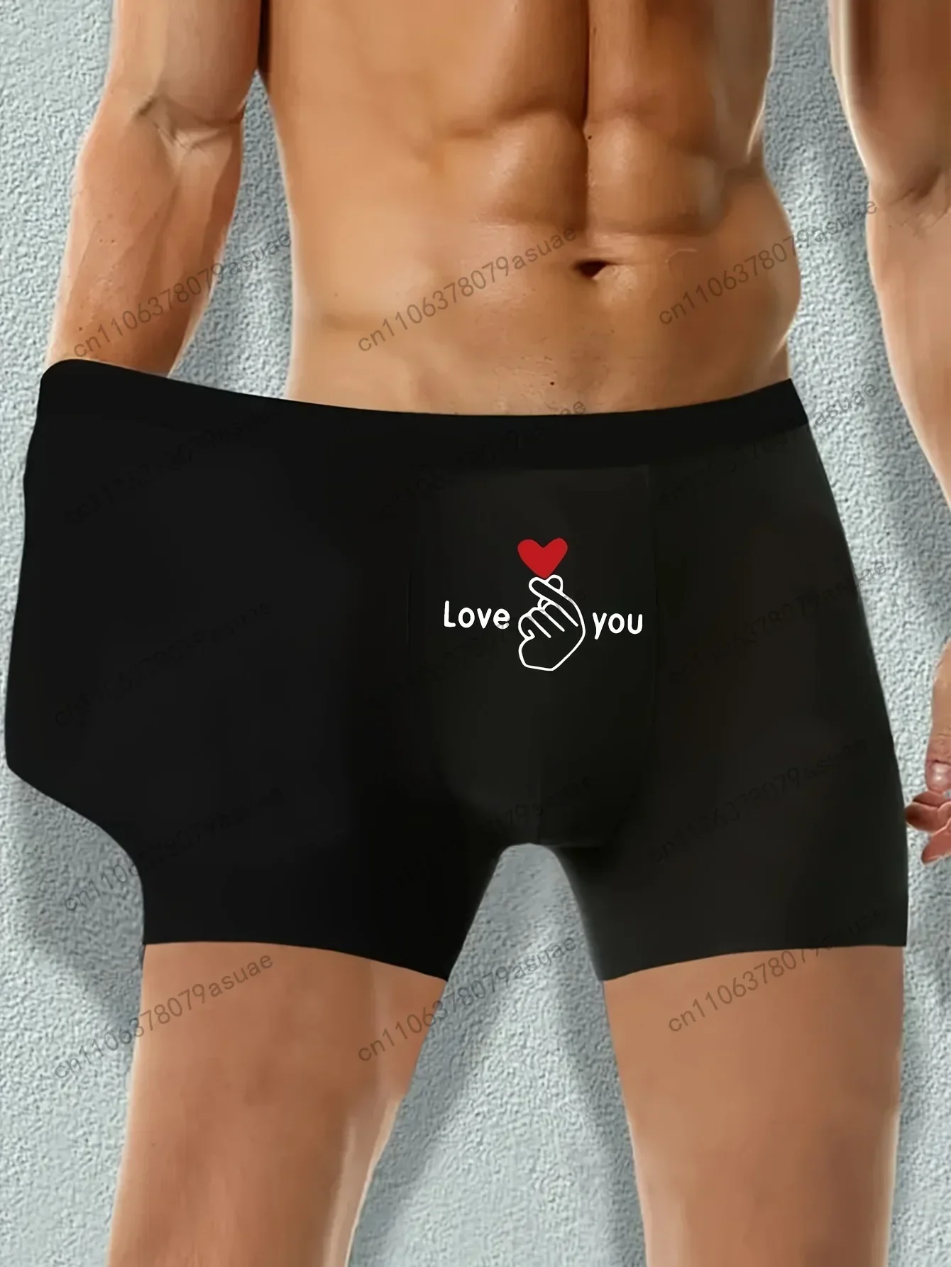 1pc Men's Matching Boxer Briefs - Black Mid-Rise Breathable & Comfortable Fun V-Print Design with Cartoon Characters & Hearts