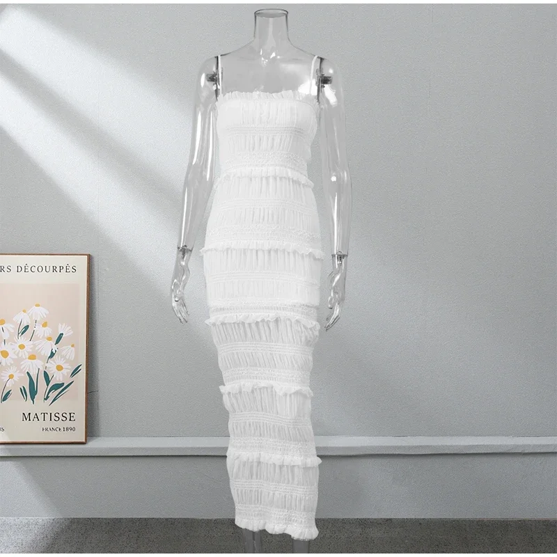 Mulheres elegantes em camadas babados sem costas bodycon maxi vestido de verão feminino sem mangas cintura alta vestidos streetwear