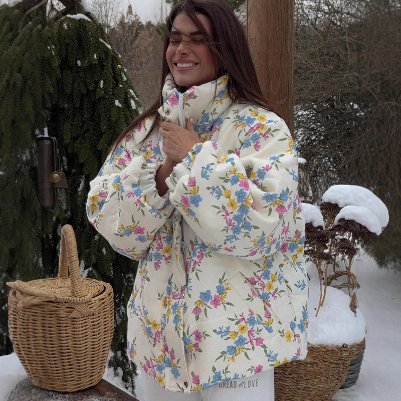 

Парки с принтом, воротник-стойка, стеганое пальто на молнии, женская мода, свободная стеганая куртка с длинными рукавами и карманами, новая зимняя повседневная одежда