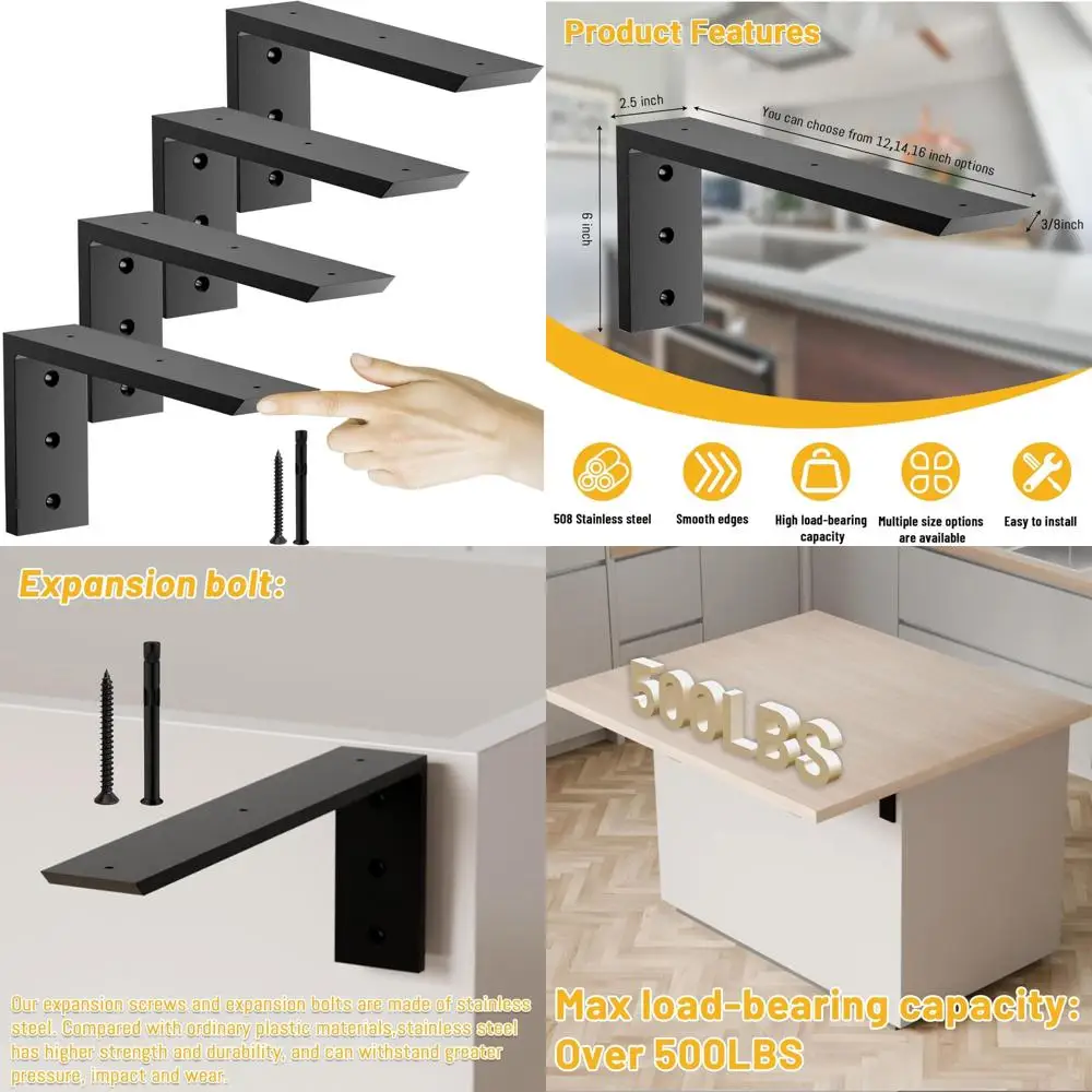 

Heavy Duty Granite Countertop Support Brackets 12 Inch, 4 Pack, Thick 3/8, Premium Quality, Shelf L Brackets for Kitchen Counter