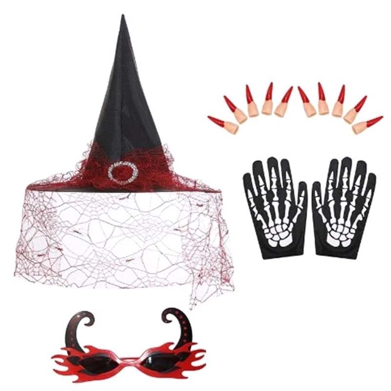 

Witch Cosplay Set False Nails Skeleton Gloves Flame Glasses Pointed Witch Hats Dress Up Hats for Halloween Theme Party