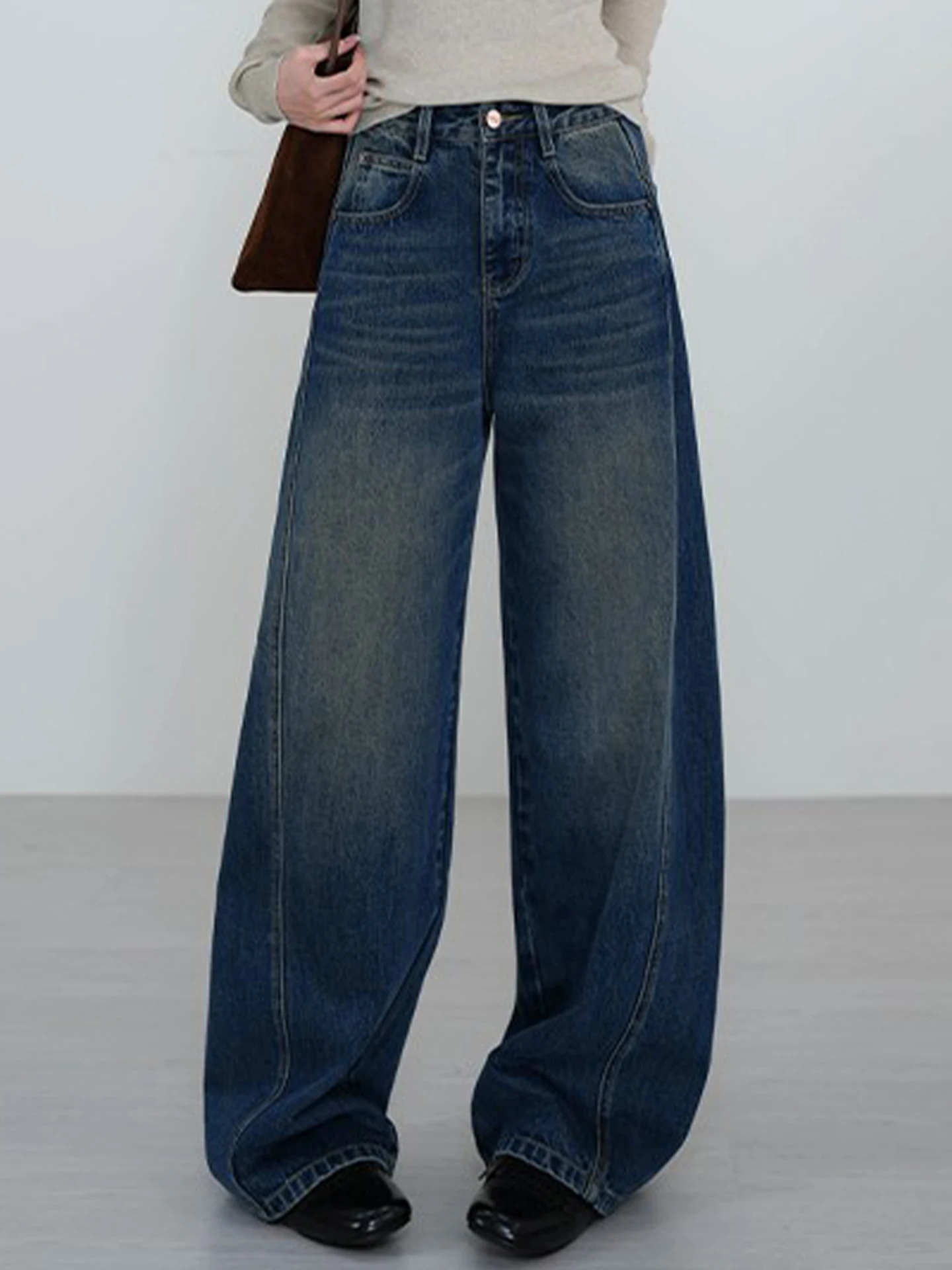 

Retro Fleece Lined Denim Jeans Women's High Waist Wide Leg Pants Spring Autumn Winter New Style Small Size Slimming Loose Fit