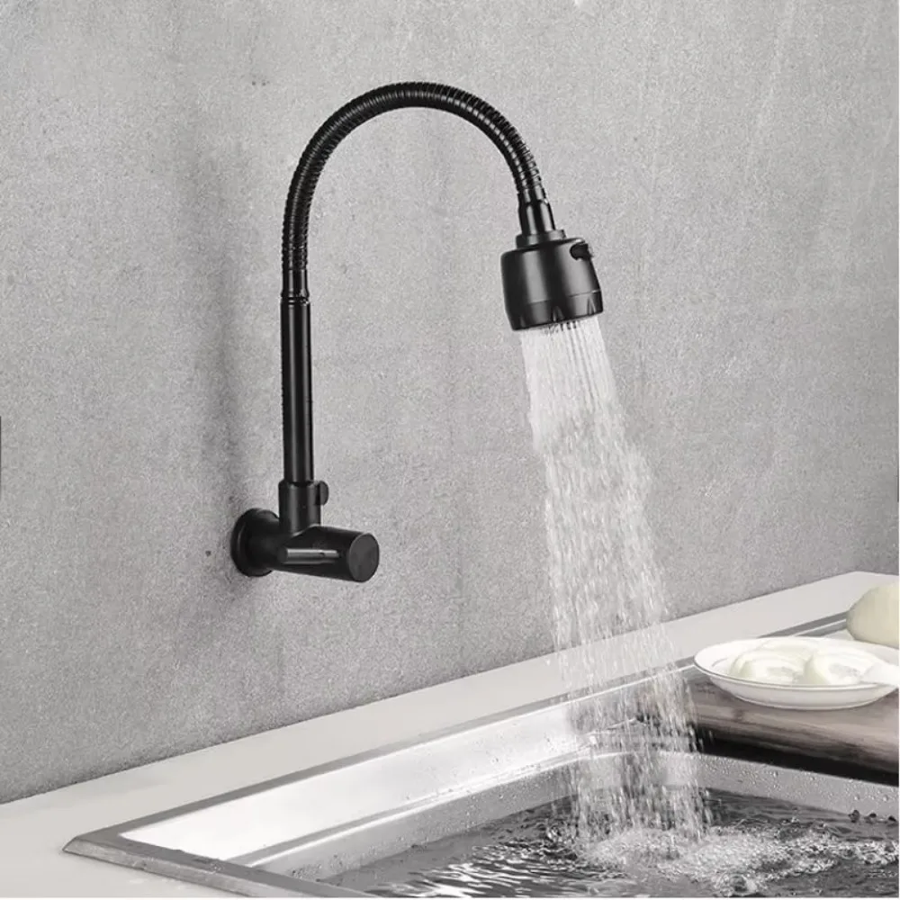 

Stainless Steel Kitchen Faucet Black Flexible Single Cold Water Taps Single Handle Wall Mounted Water Tap Nozzle Tap Sink