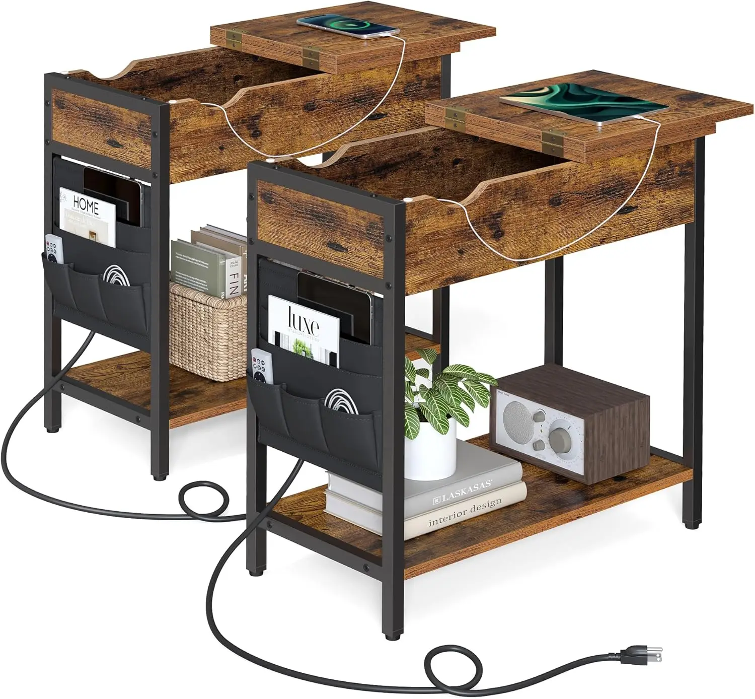 

Set of 2 Side Tables with USB Ports, Outlets, and Storage Bags for Living Room or Bedroom in Rustic Brown and Black