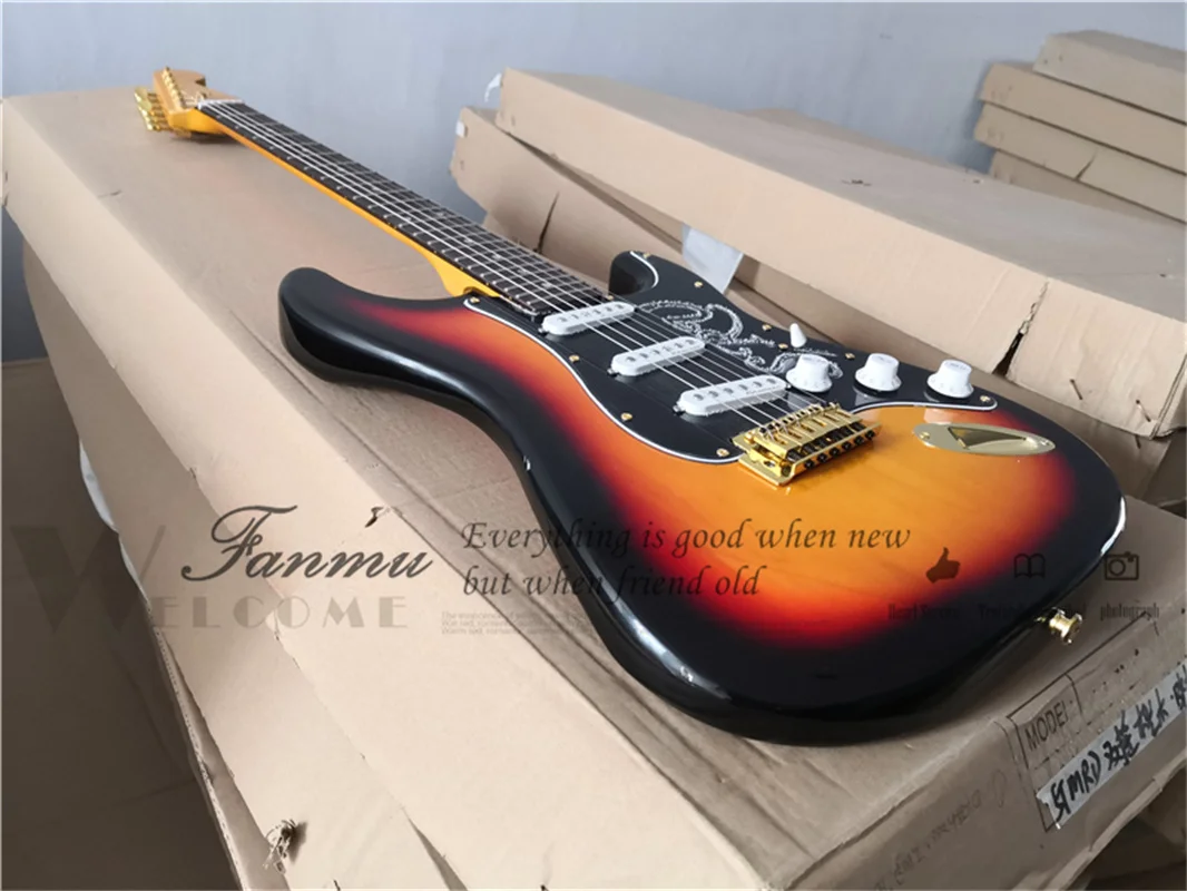 sunburst electric guitar sta body yellow neck rosewood fingerboard white pickups black guard fold tunerscustom guitar