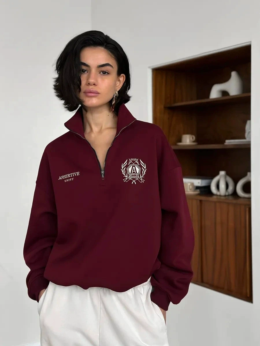 Sweat-shirt ample imprimé f avec fermeture éclair pour femme, confortable, décontracté, Long, col montant, fermeture éclair, Design Faionable, Streetwear