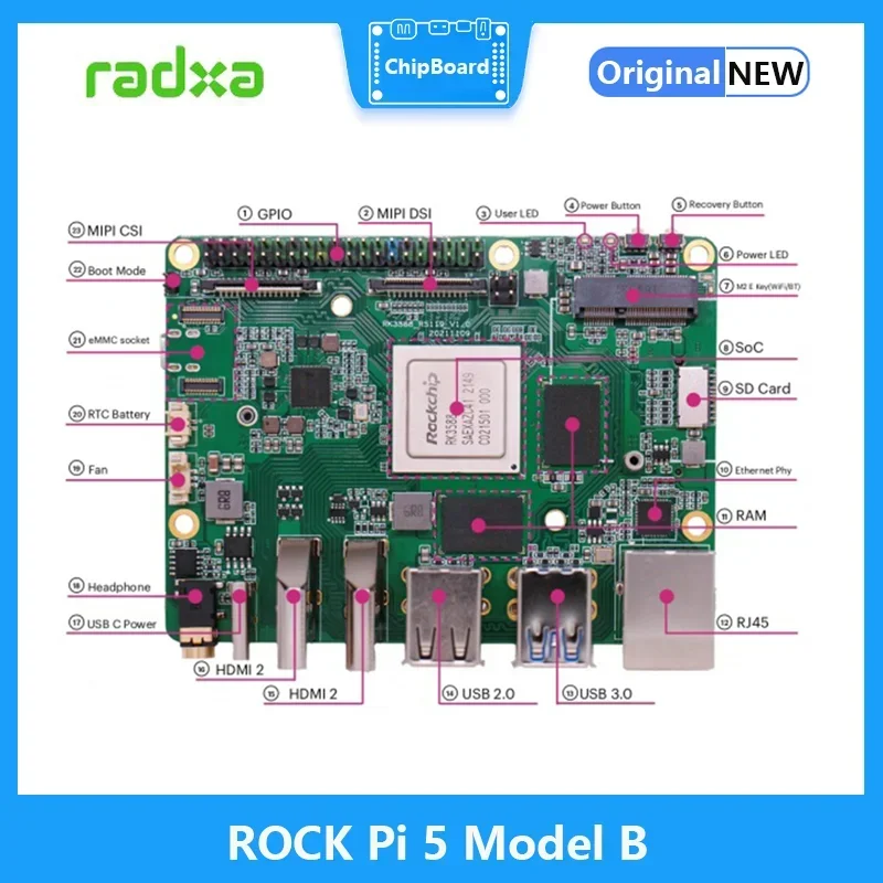 Radxa ROCK Pi 5B RK3588 Salida 8K de 8 núcleos y 64 bits con 4G 8G 16G RAM opcional