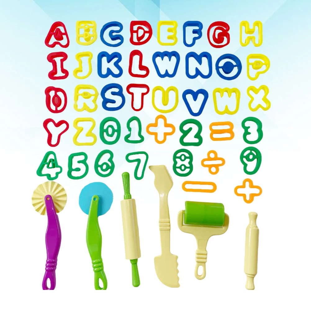 47 pçs kit de ferramentas de argila de massa multi forma cortadores de moldagem colorida alfabeto número selo conjunto para crianças jogo imaginativo