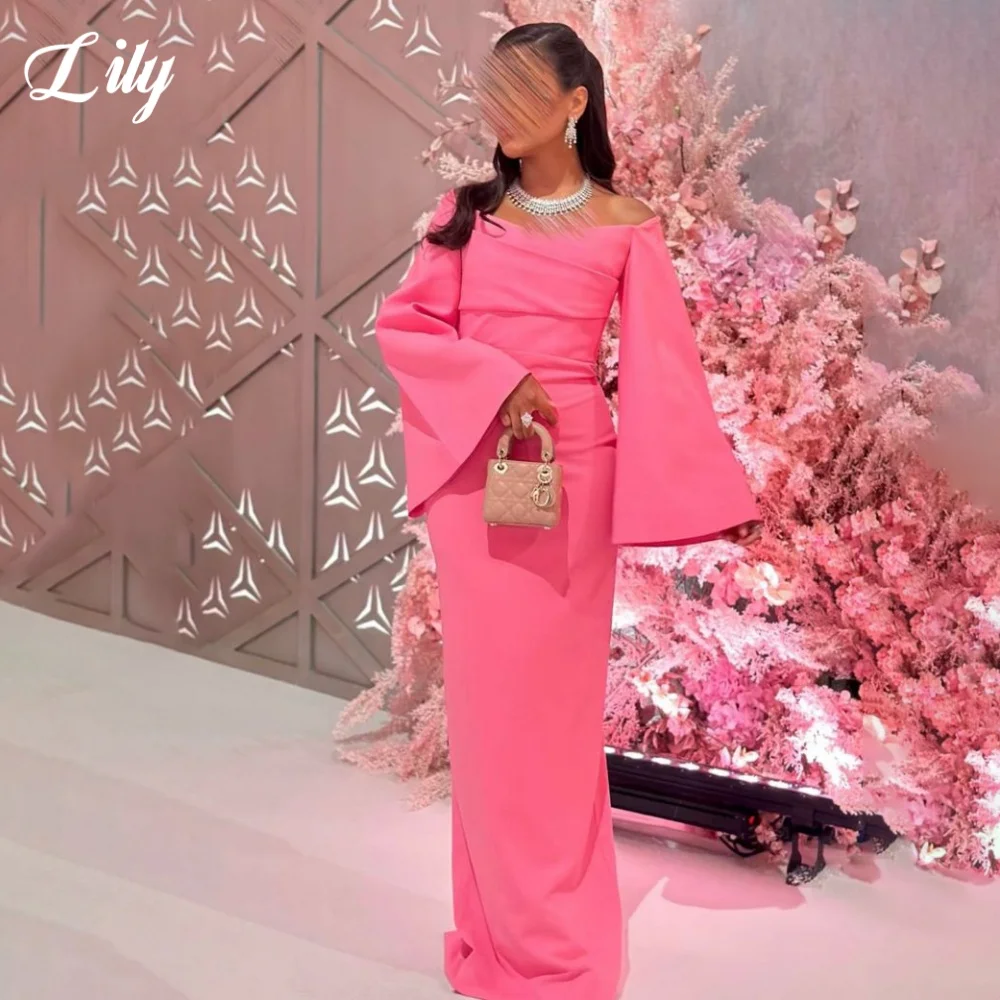 

Lily Pink Elegant Formal Gown Flare Sleeve Off-Shoulder Prom Dresses Satin Mermaid Evening Dresses for Woman 프롬 드레스 Customized