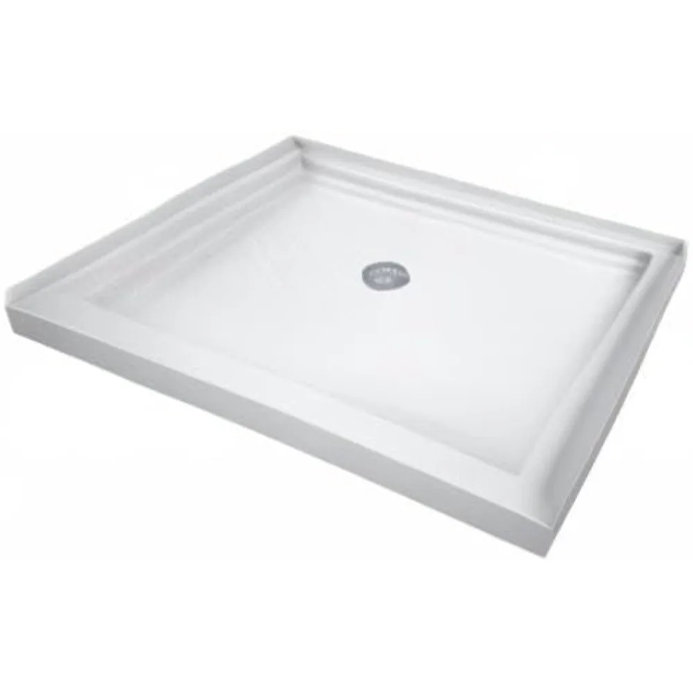 42 inches by 42 inches. Width x 2 3/4 inches. H Center drain single valve shower seat, white