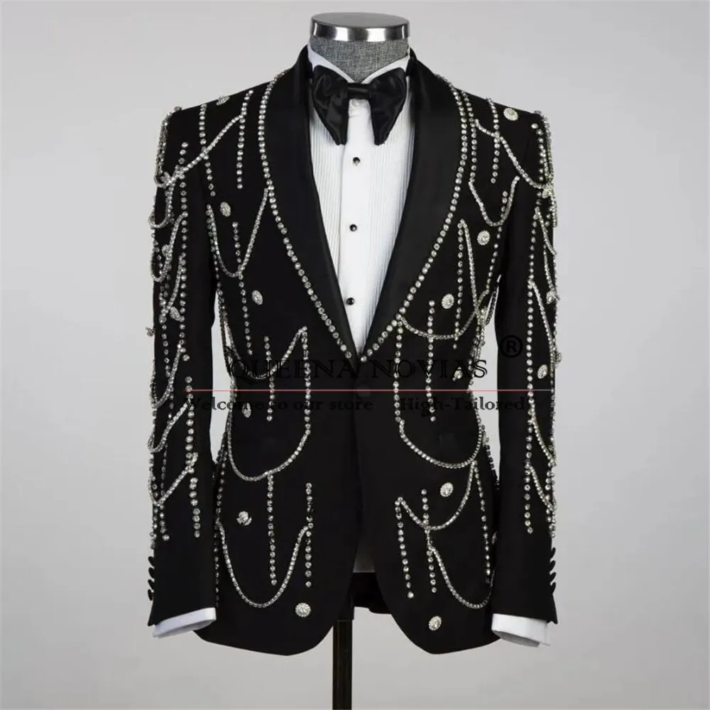 Luxury Beaded Wedding Suits For Men Single Breasted Male Prom Blazers Outfits 2 Pieces Groom Tuxedos Customized Costume Homme