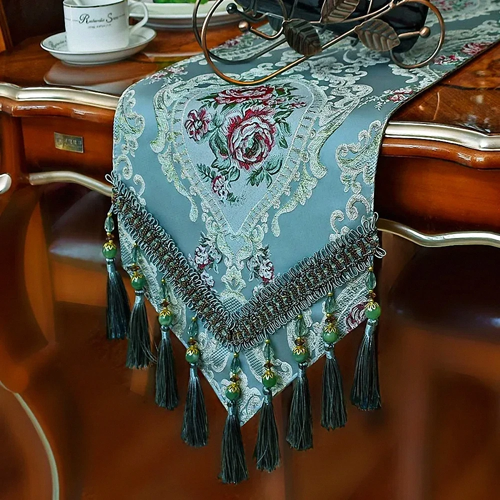 

Luxury Table Runner Long, Damask Jacquard Chenille Table Runners with Handmade Multi-Tassels for Dining Room Party Banquet Decor