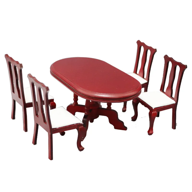 Meubles miniatures pour maison de poupée, échelle 1:12, ensemble de Table à manger et chaises en bois rouge rétro européen Vintage pour décoration de Micro scène
