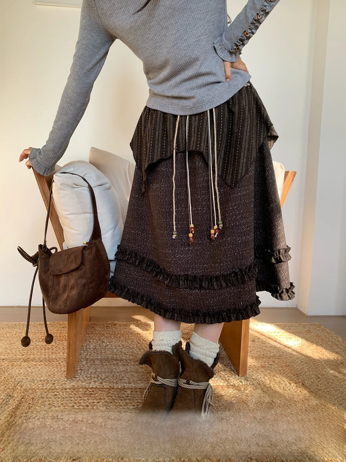 

Милая ретро-юбка-миди с поясом и бисером для женщин, коричневая асимметричная осенне-зимняя юбка трапециевидной формы с подставкой