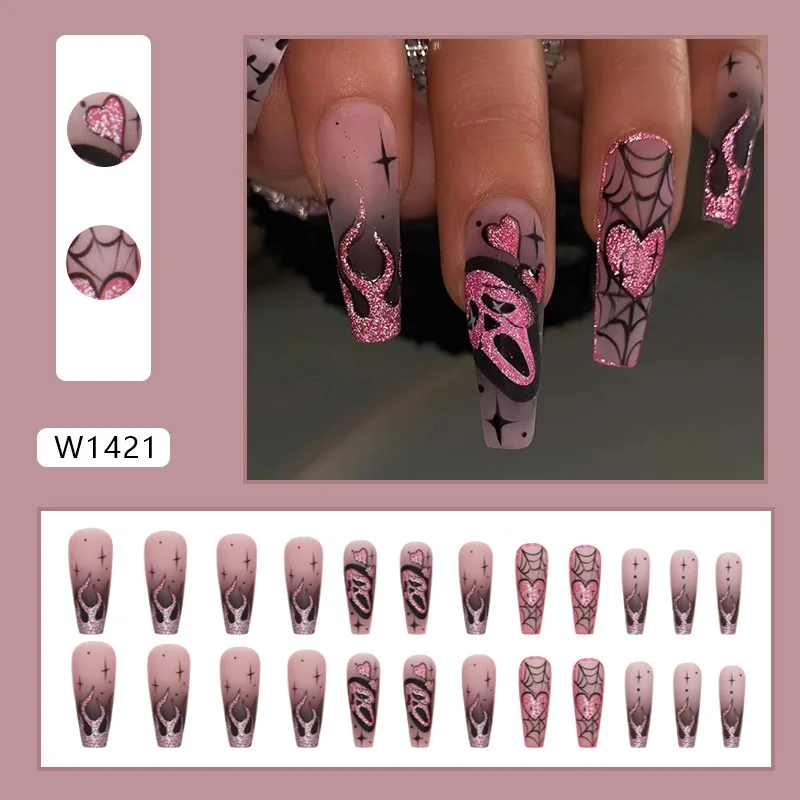 24 piezas uñas postizas con brillantina rosa y lentejuelas, diseño de Halloween con calaveras y corazones, estilo ballet europeo 2