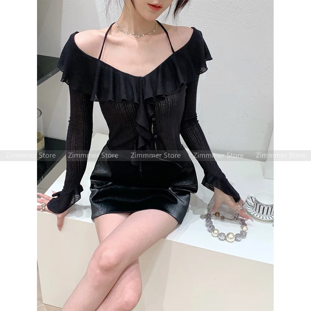 

Niche French sexy ruffled hollow halter neck V-neck irregular cuffs short shirt tops for women