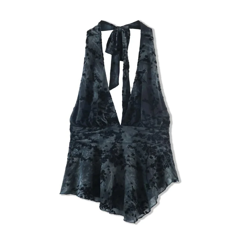 2026 New Women 2PCS Floral Sheer Mesh Outfit Set Halter Neck Top + Flare Pants Gothic Black Print Slim Fit Party Clubwear