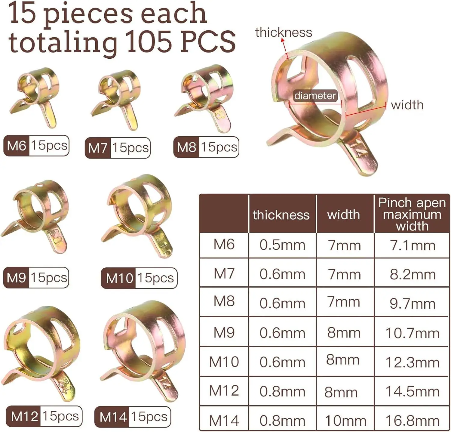 105Pcs 6mm/7mm/8mm/9mm/10mm/12mm/14mm For Fuel Spring Clip Vacuum Silicon Hose Clamp Autos Spring Clip Fuel Oil Water Tube Clamp