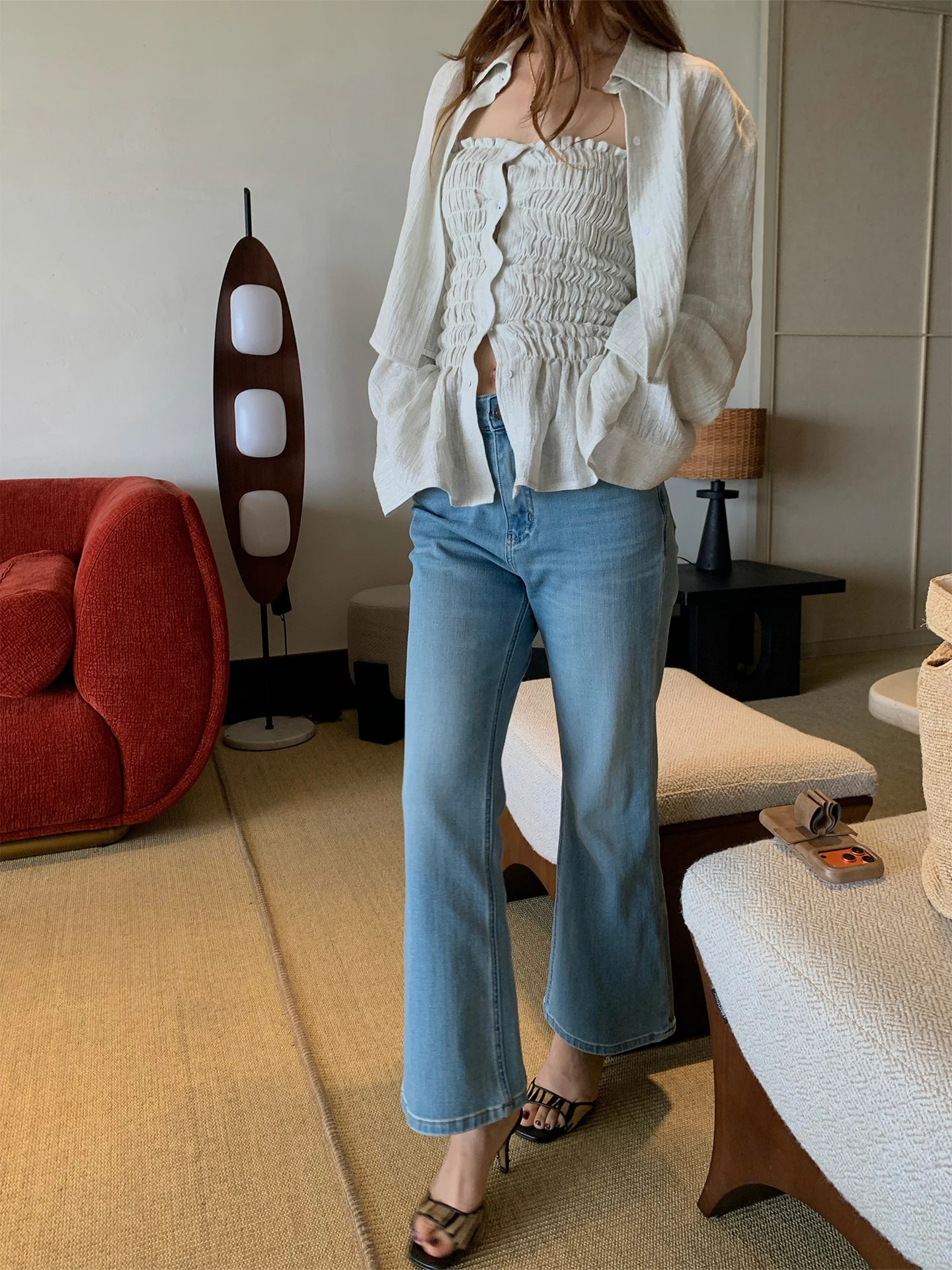 

Slimming Effectiveness Light Blue Eighteen Micro Flare Jeans Women's Cotton Natural Waist Spring Seasonal Fashion Trousers