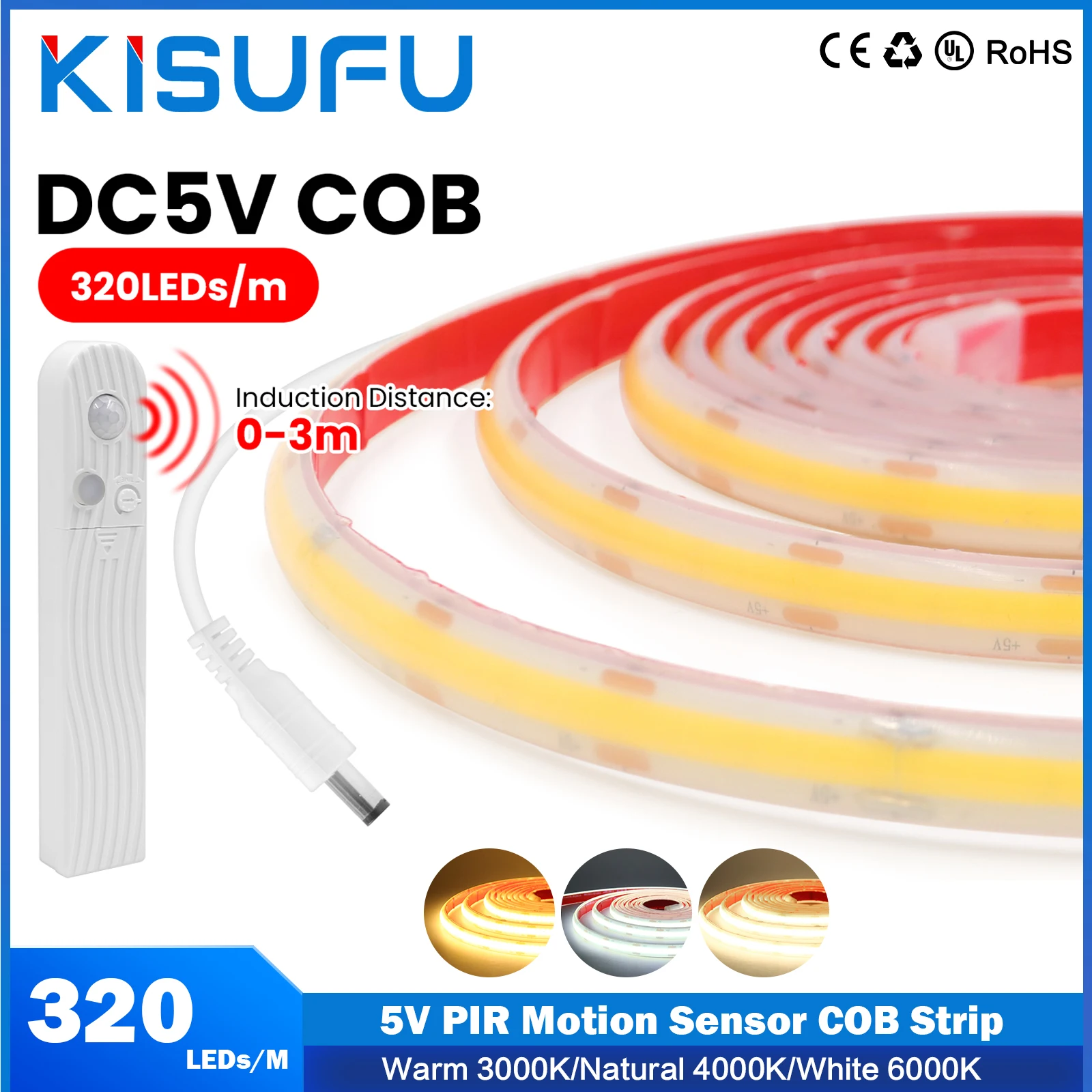 10MM COB LED Strip 5V with PIR Motion Sensor AAA Battery/USB Powered Flexible Night Light 3000K 4000K 6000K IP68 Waterproof Tape