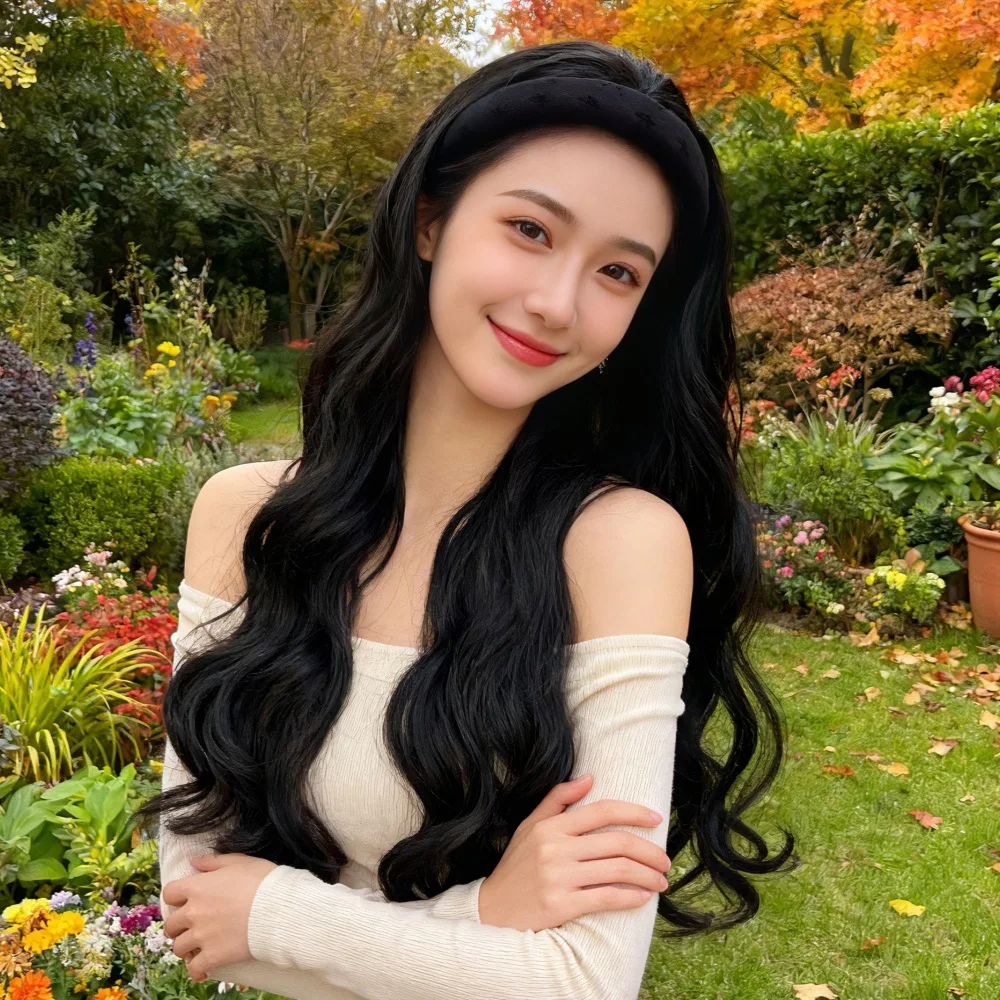 

Hair clip wig with long curly hair headband for daily wear, detachable wave high crown synthetic hair piece