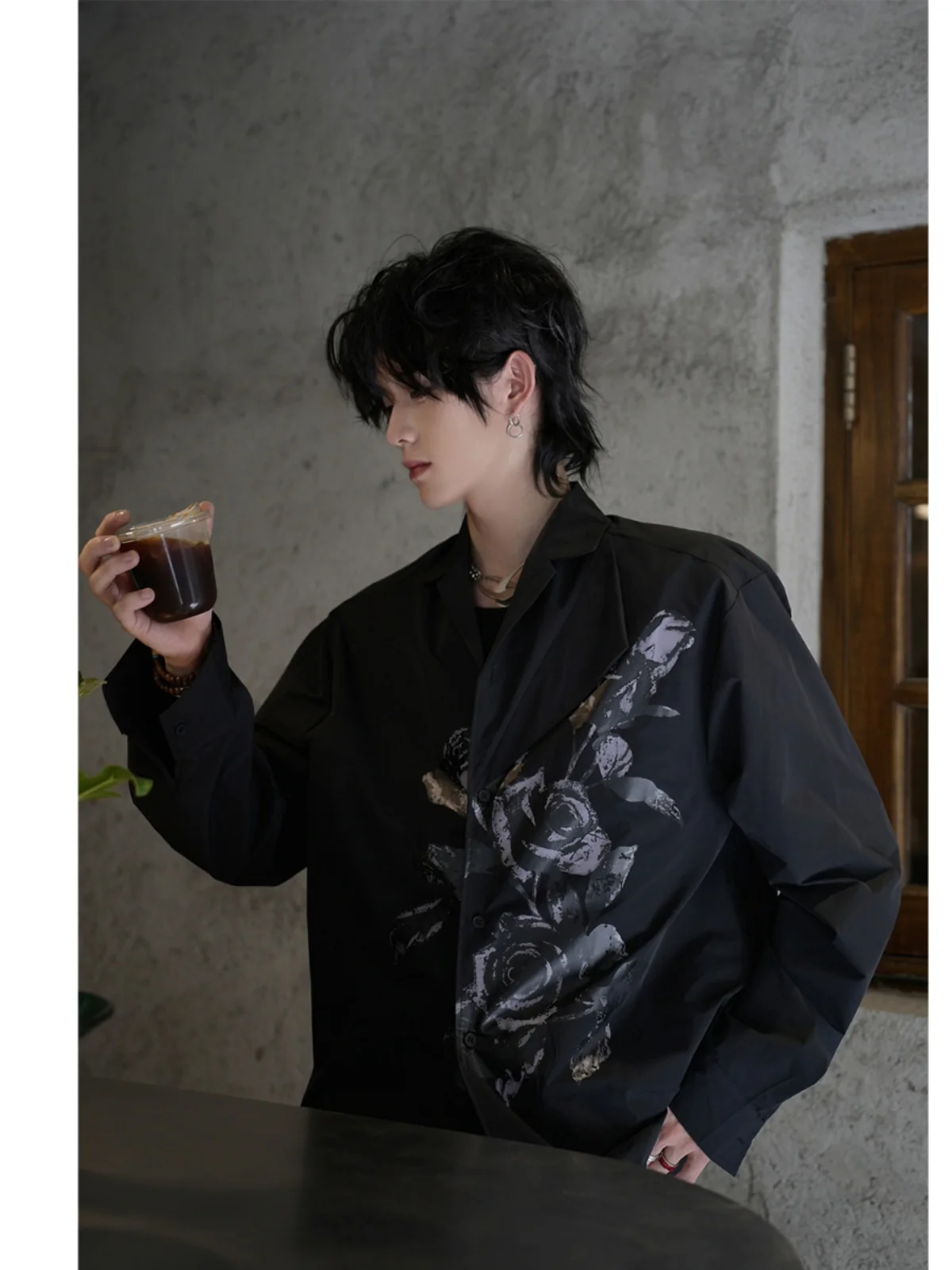 Spring Autumn New Personality Gothic Dark Rose Long Sleeve Leisure Shirt Men's American Fashion Handsome Chic Versatile Shirts