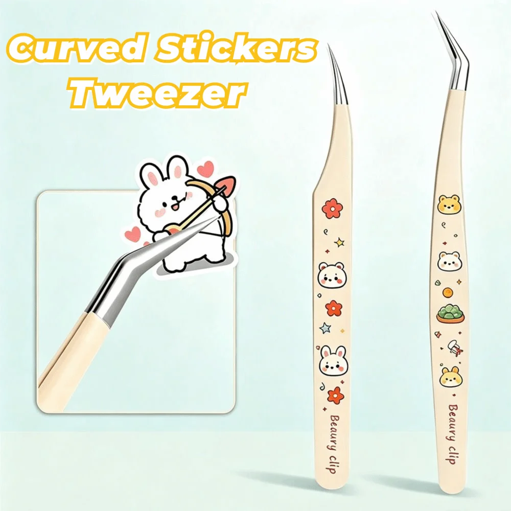 Cartoon Bear Print Curved Stickers Tweezers Stainless Steel Curved Tip Lash Extension Tweezers Multi-purpose