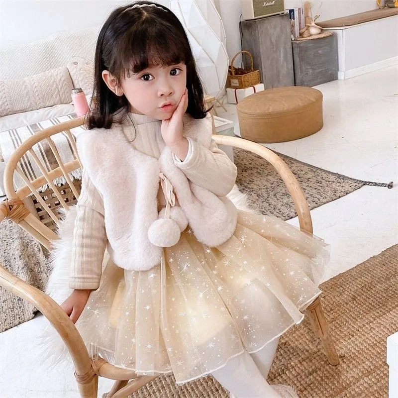 

Girls Set 2025 Autumn Winter Fashion Trendy Sweet Cute Thick Mesh Patchwork Long Sleeve Dress Fluffy Vest Two Piece Set