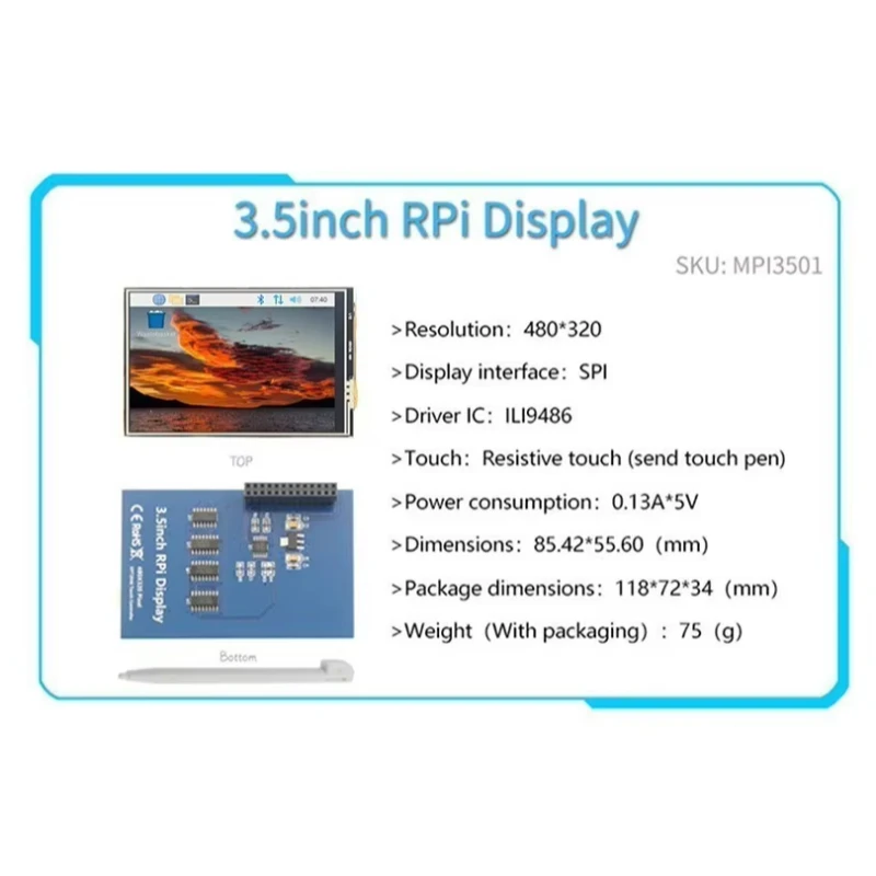 Módulo de exibição de 3,5 polegadas Tela sensível ao toque de 3,5 polegadas 320 × 480 Tela sensível ao toque TFT com caneta sensível ao toque para Raspberry Pi A,