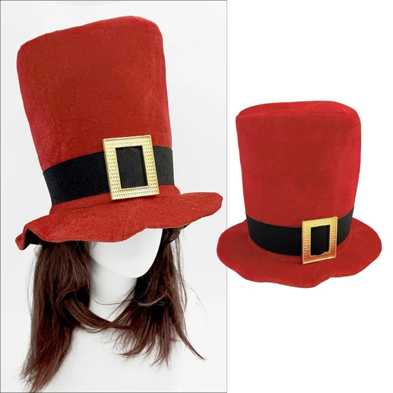 Santa Tall Hat for Adult Unisex Fabric Buckle Belt Christmas Caps Festival Holiday Caps Costume Accessory Headwear