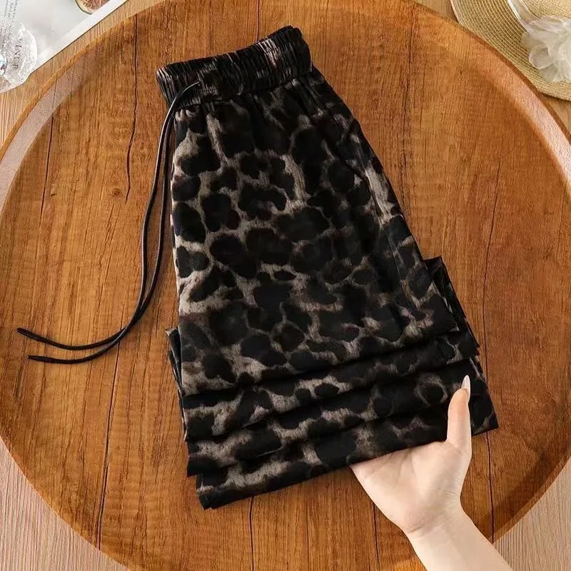 Womens Vintage Leopard Print Wide Leg Pants Elastic Waist Loose Casual Straight Trousers