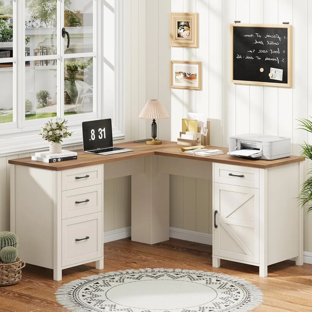 

Shaped Executive Desk with Power Outlets, Farmhouse Home Office Desk with Flie Drawer,Stroage Cabinet, Wood Corner Sturdy