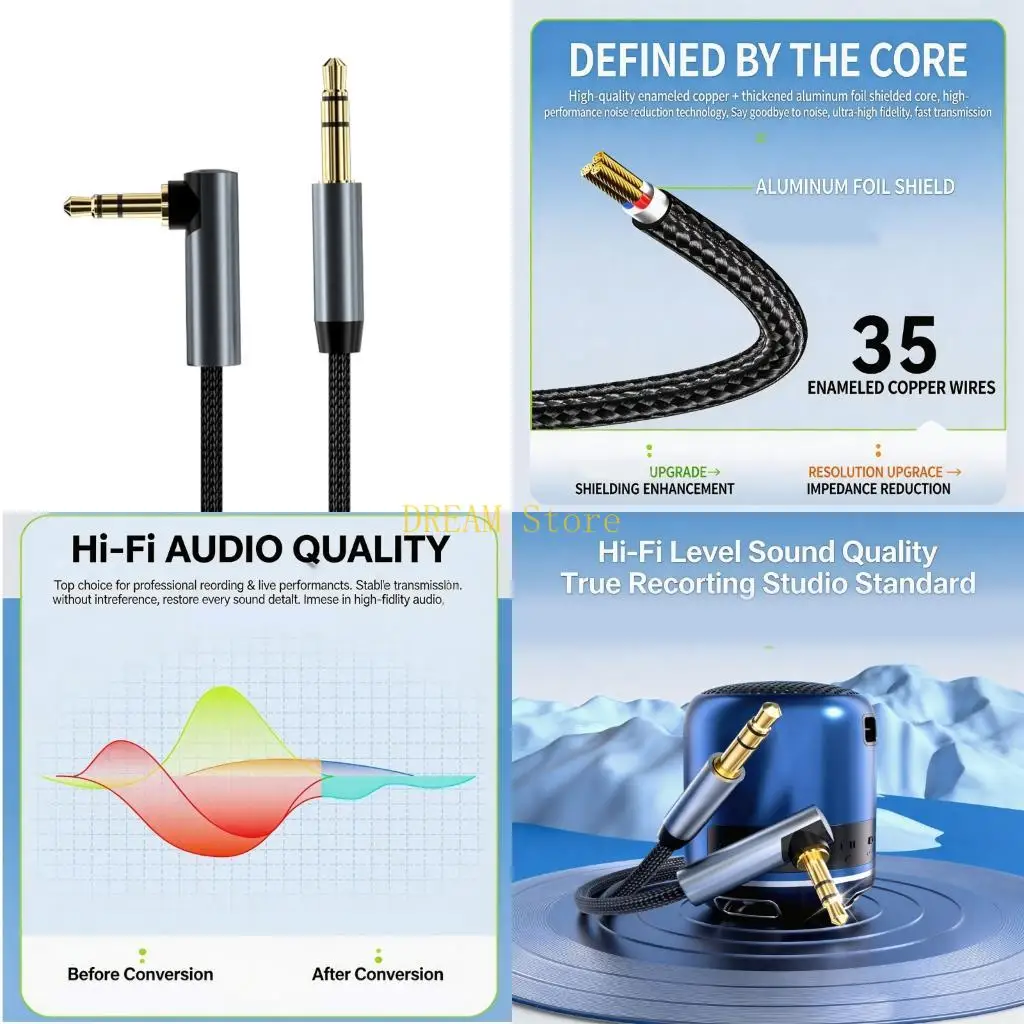 Sound Connection Cable 3.5mm Male to Male Cable with 90 Degree End, Straight End, Metal Shell, and Gold Tone End for Headphone