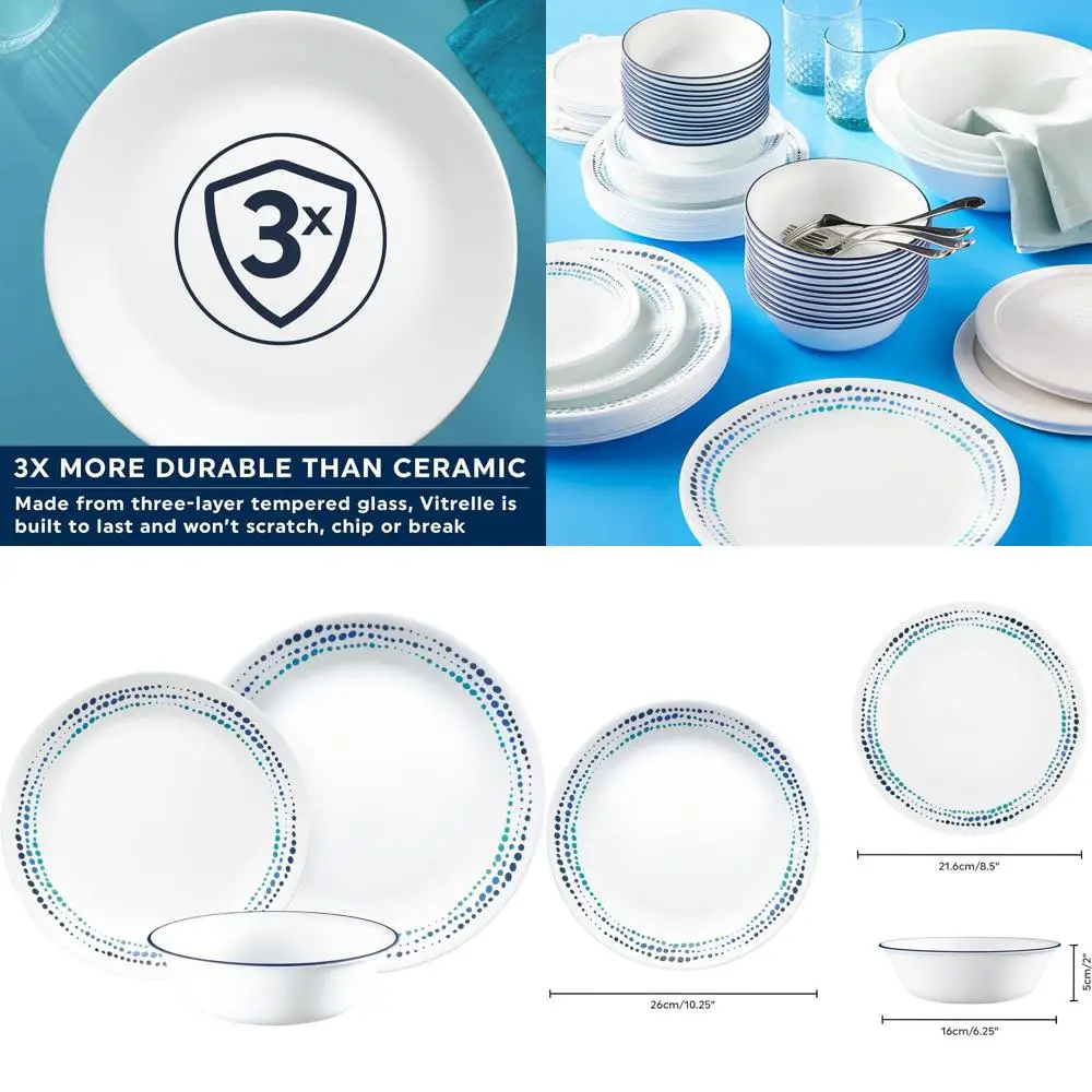 

Набор столовой посуды Ocean Blue из 12 предметов: подача на 4 обеденных тарелки, боковые тарелки и миски; Экологичный, легкий, прочный, 8