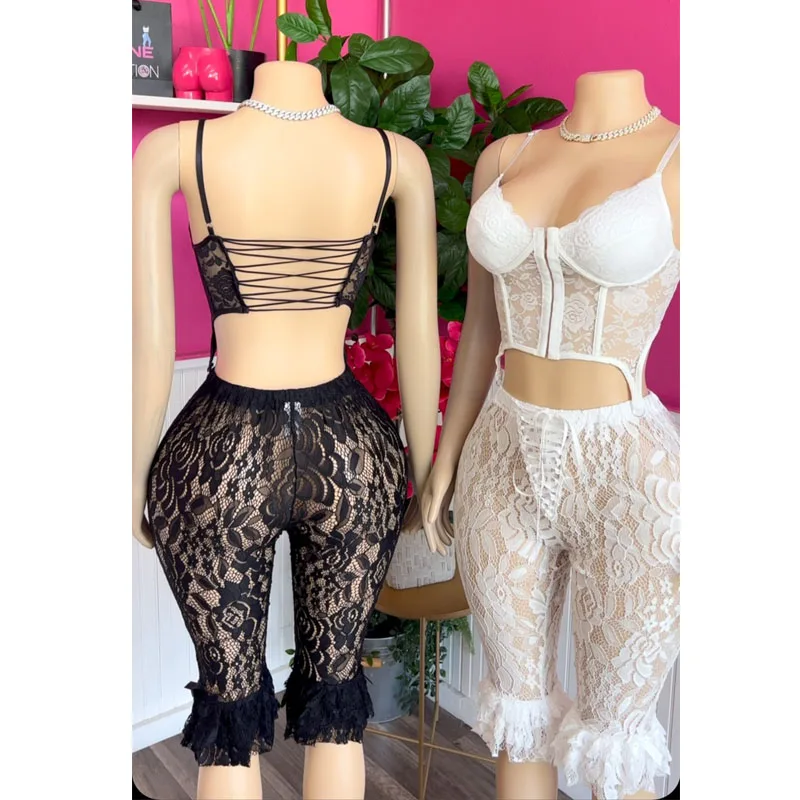

Stylish Lady Black White Lace 2 Piece Set Women Lace Up Crop Top and Knee Length Ruffle Pant Sets 2025 Sexy Club Party Outfits