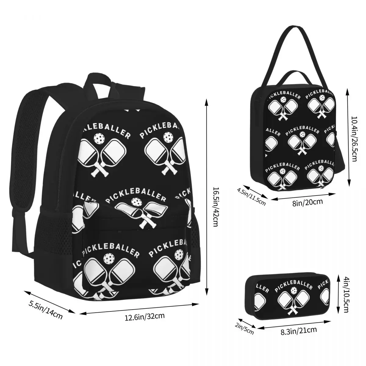 Fun Pickleball Apparel Pickleballer Backpacks Kids Bookbag School Bags Rucksack Lunch Bag Pen Bag Three-Piece Set