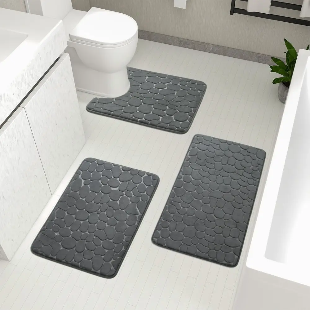 

3-Piece Grey Memory Foam Bath Mat Set - Non-Slip, Absorbent, Washable Mats for Bathroom Sink, Toilet, and Floor