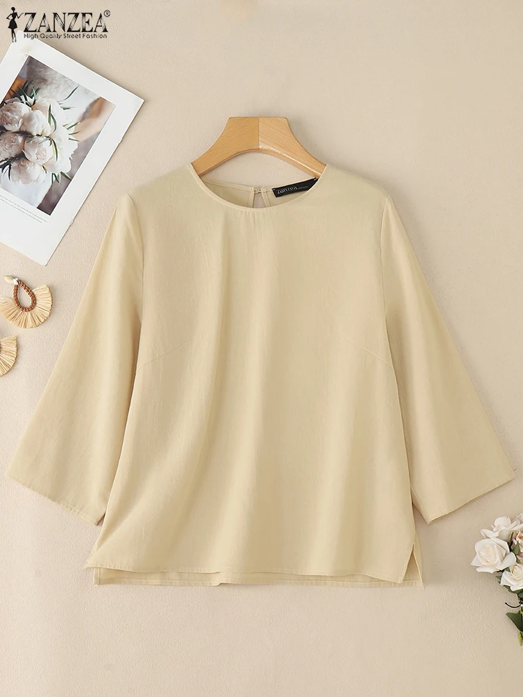 

ZANZEA Loose Cotton Linen Basic Blouses Day Wear 2025 Summer Casual Breathable Tunic Tops 3/4 Sleeve Woman O-Neck Blusas Mujer