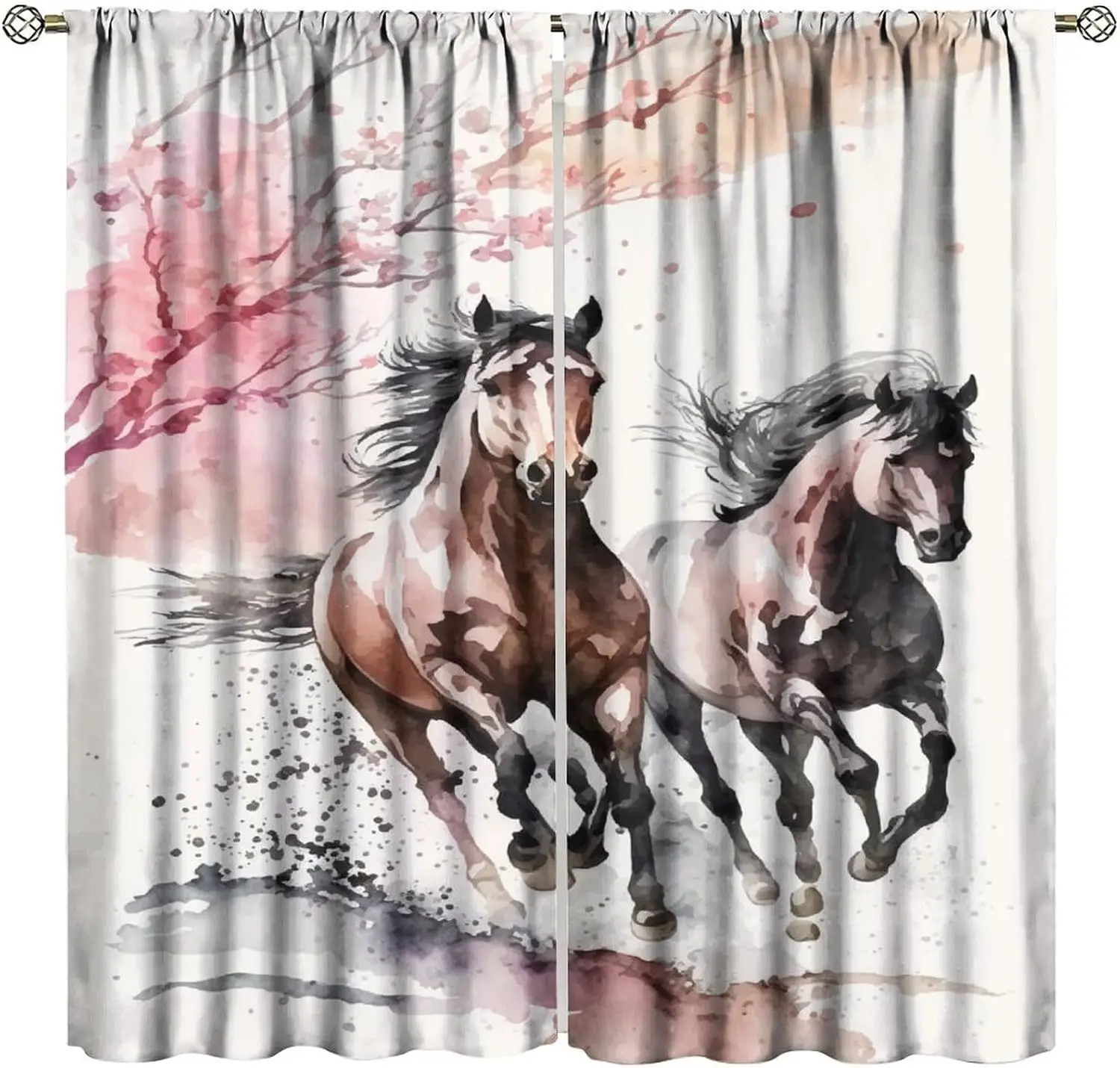 Watercolor Equestrian Horse Art Pair Curtains Panel Window Drapes Polyester Boho Living Room Decor