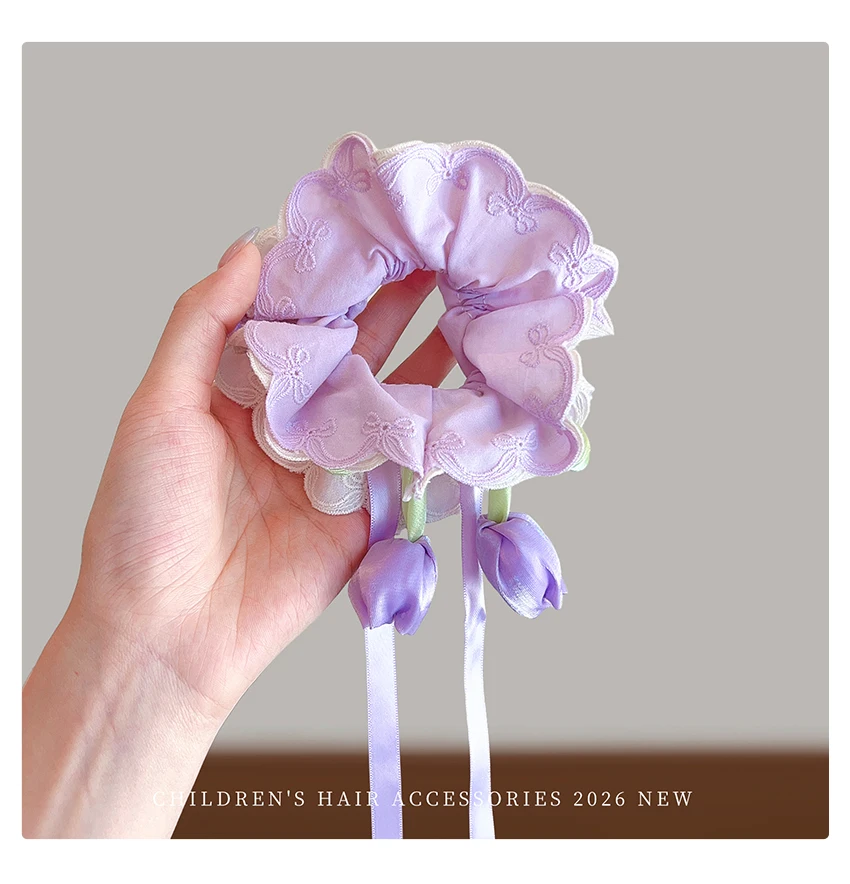 Neue bestickte Tulpen-Haarschleifen: Süße Prinzessinnen-Haargummis, schonend für das Haar, hohe Elastizität für Baby-Mädchen und Kleinkinder – Haar-Accessoires – Detail 9