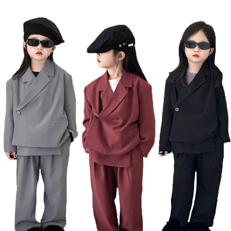 Korea Children Wine Red Jacket Pants 2PCS Photograph Suit Girls Diagonal Placket Party Dress Kids Ceremony Performance Costume