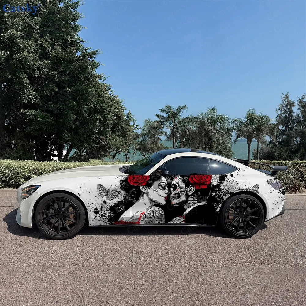 2pcs Skull Lovers Couple Red Rose Car Side Wraps, Self-Adhesive PVC Waterproof & Scratch-Resistant Stickers, Car Accessory Gift