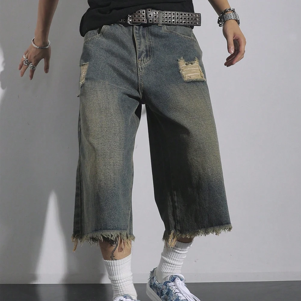 Jeans in denim strappati larghi da uomo Pantaloni a gamba larga al polpaccio a 7 punti Fori in difficoltà Orlo sfilacciato Pantaloni casual streetwear