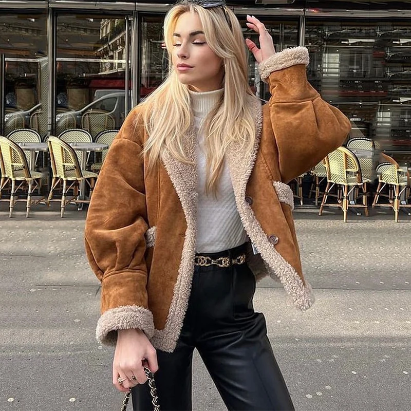 Women Winter Faux Shearling Sheepskin Fake Leather Jackets Lady Thick Warm Suede Lambs Motorcycle Brown Coats Loose Outwear