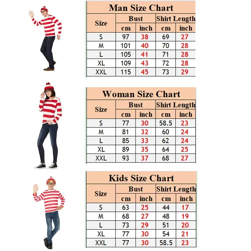 Where's Wally Waldo Parent Child Cosplay Costume Stripe Long Sleeve Shirt Book Week Cos Outfits with Hat Glasses for Adult Kid