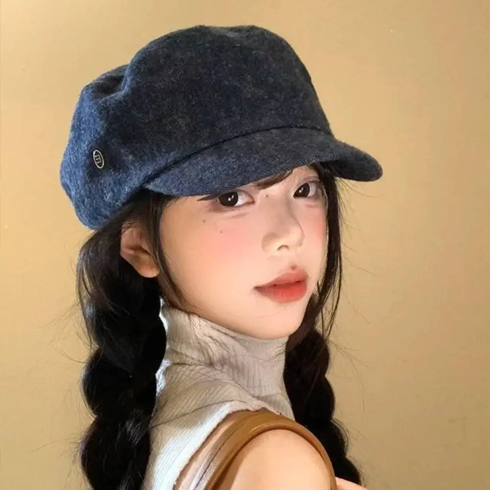 

Retro Vintage Demin Beret Flat Brim Artist British Style Painter Cap Versatile Y2k Octagonal Hat Female