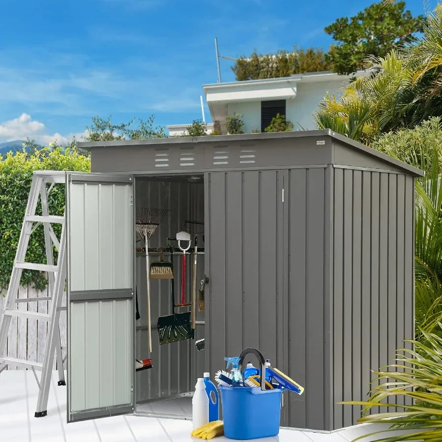 Outdoor Storage Shed for Backyard Garden Patio Use, Made of Metal with Waterproof Finish, Gray Color, Featuring Double Lockable